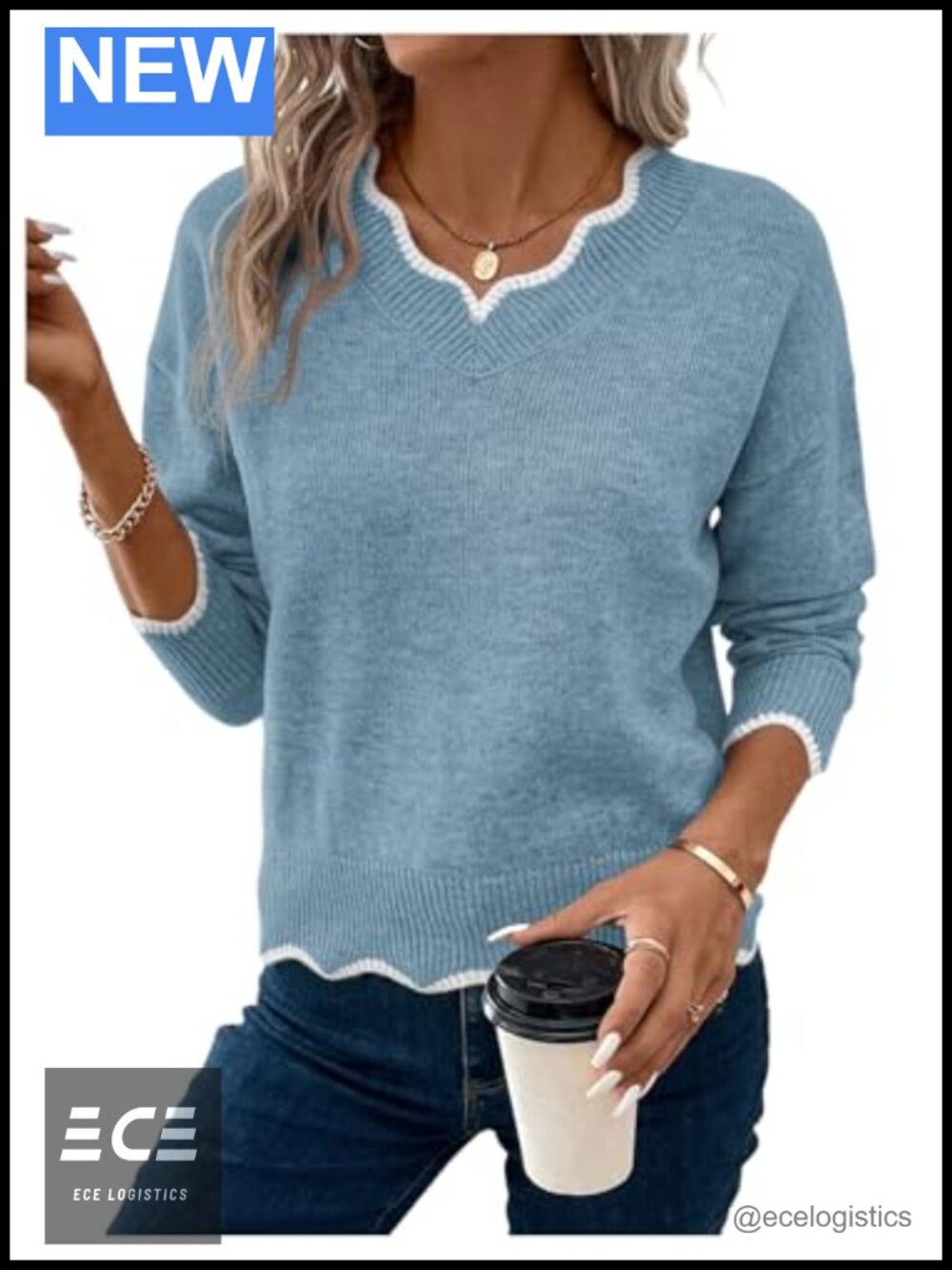 Womens Scallop Trim V Neck Knit Pullover Sweater Long Sleeve